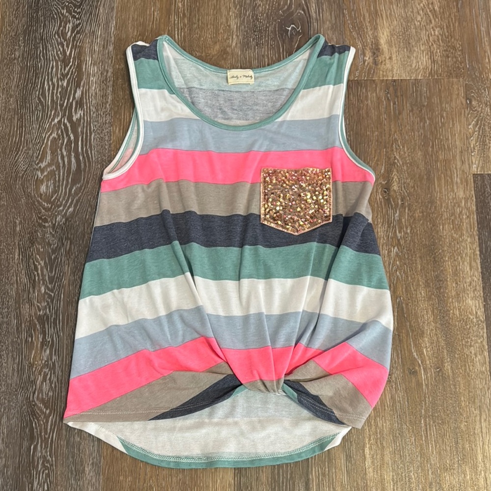 Cute Striped Tank Top with Sparkle Pocket and Tie Front